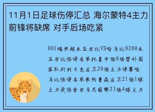 11月1日足球伤停汇总 海尔蒙特4主力前锋将缺席 对手后场吃紧